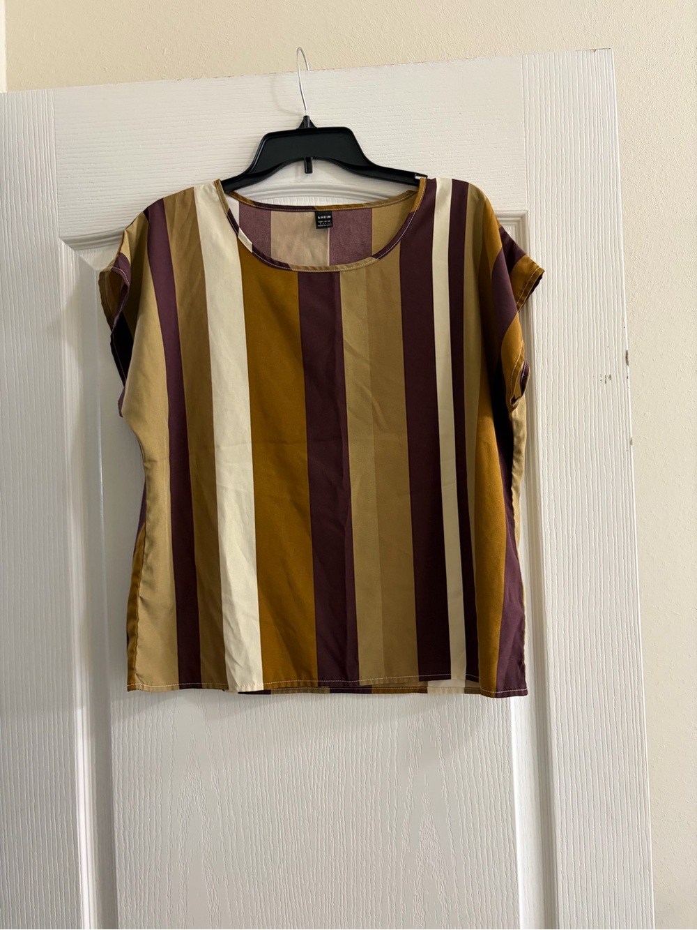 SHEIN Fall Stripe Blouse Burgundy Mustard Cream Size Large